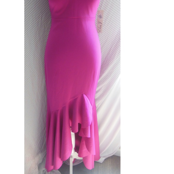 NEW ELIZA J Hot Pink SCUBA CREPE Crisscross HALTER Ruffle HIGH LOW Dress GOWN 2 - Picture 6 of 16